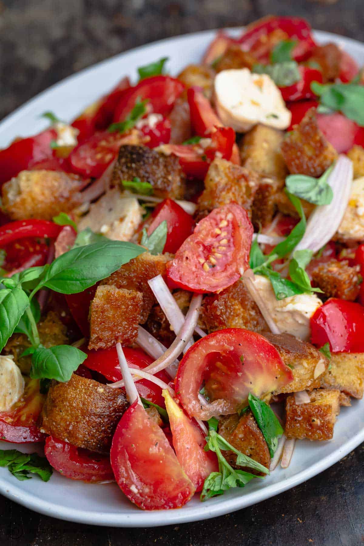 Tomato panzanella on serving platter