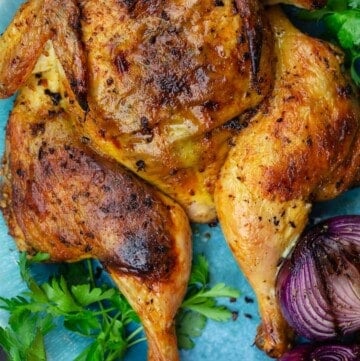 grilled whole chicken on platter