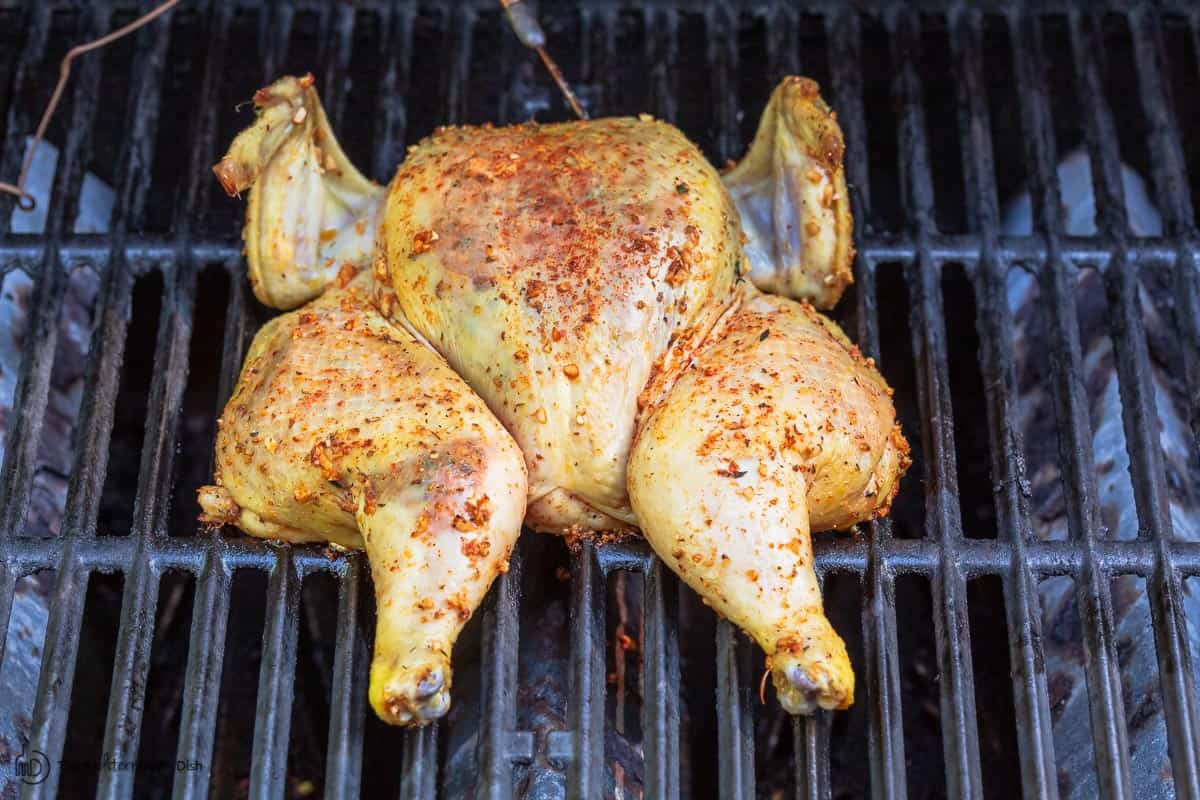 Whole chicken on the grill with thermometer inserted