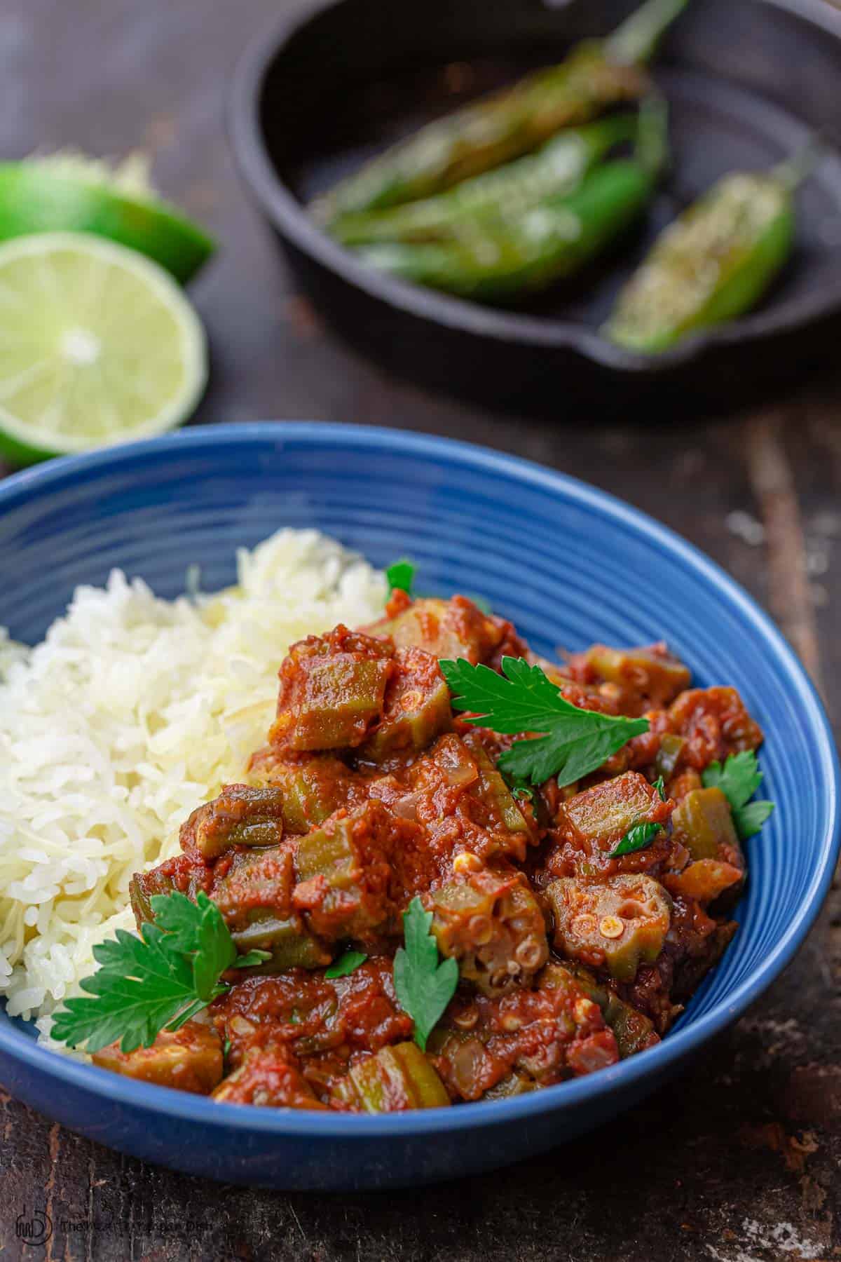 bamya (okra and tomatoes) served with Lebanese rice and a side of fried jalaepeno 