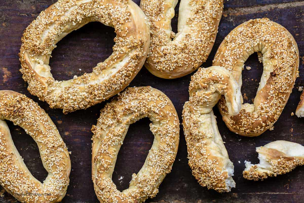 Sesame bagels on wooden table