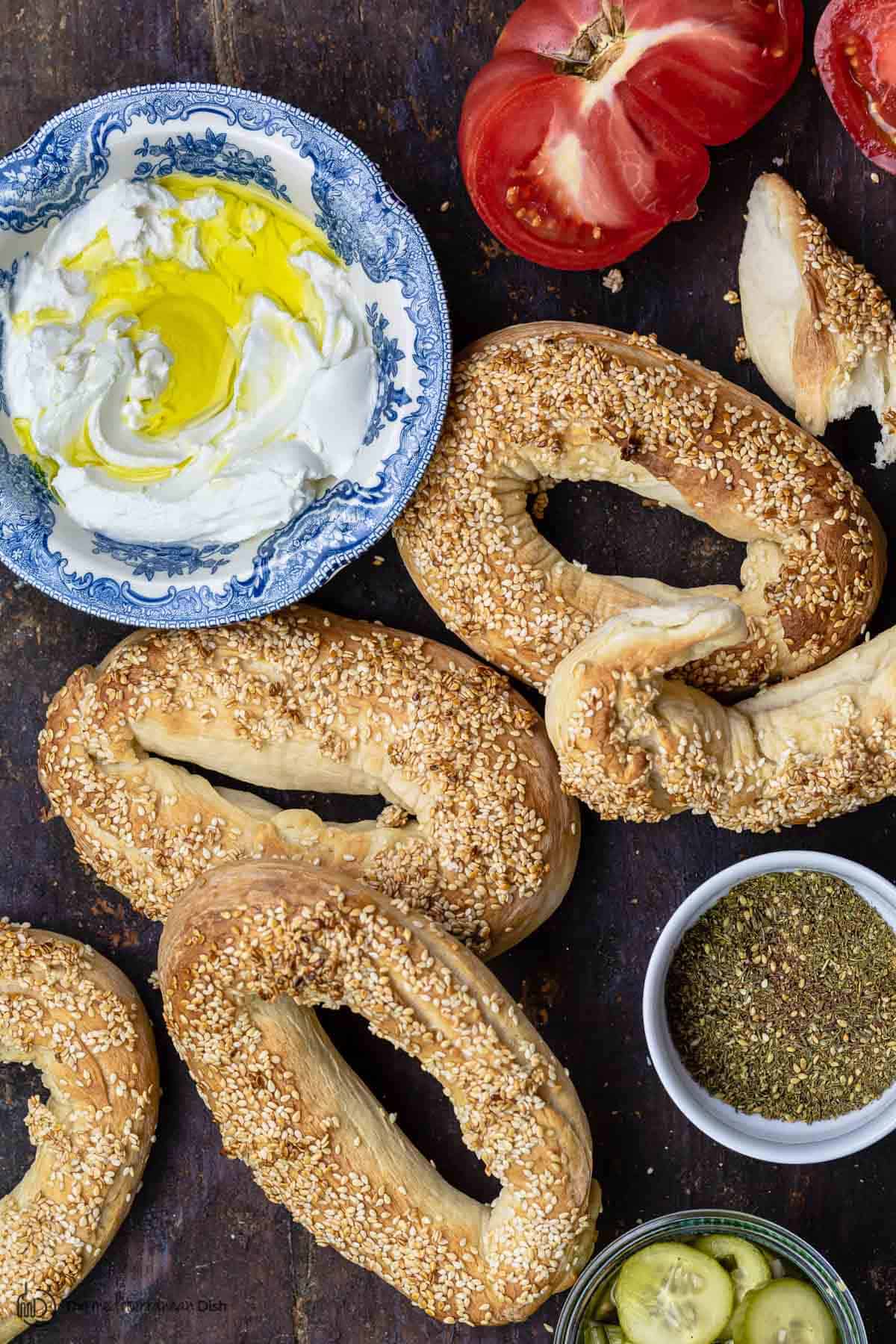 Jerusalem bagels with labneh, tomato, za'atar, pickles