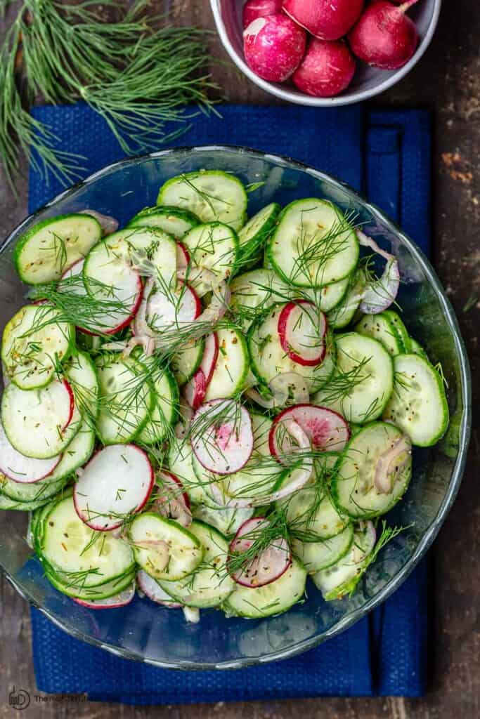 Cucumber salad with shallots, dill, and radish