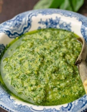 homemade basil pesto in a bowl