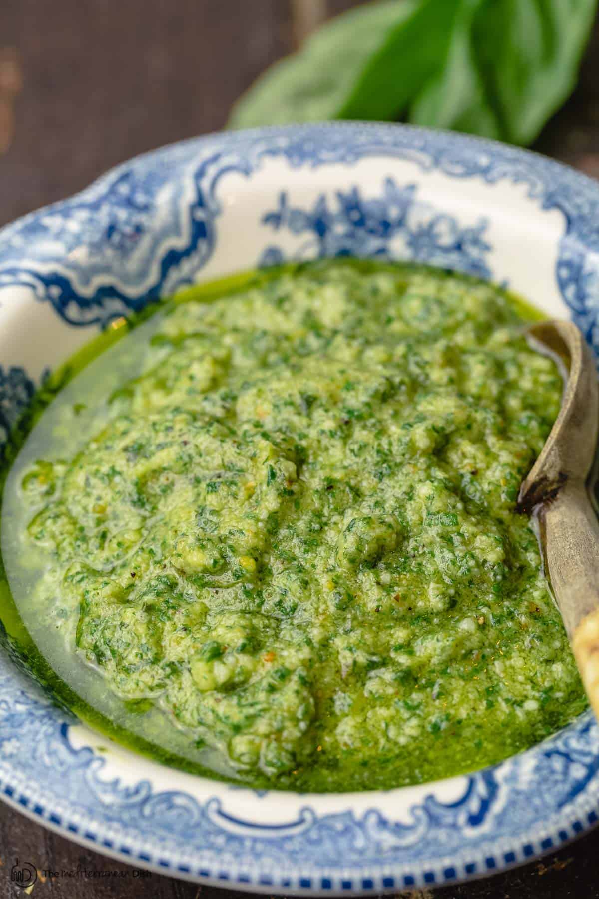 homemade basil pesto in a bowl