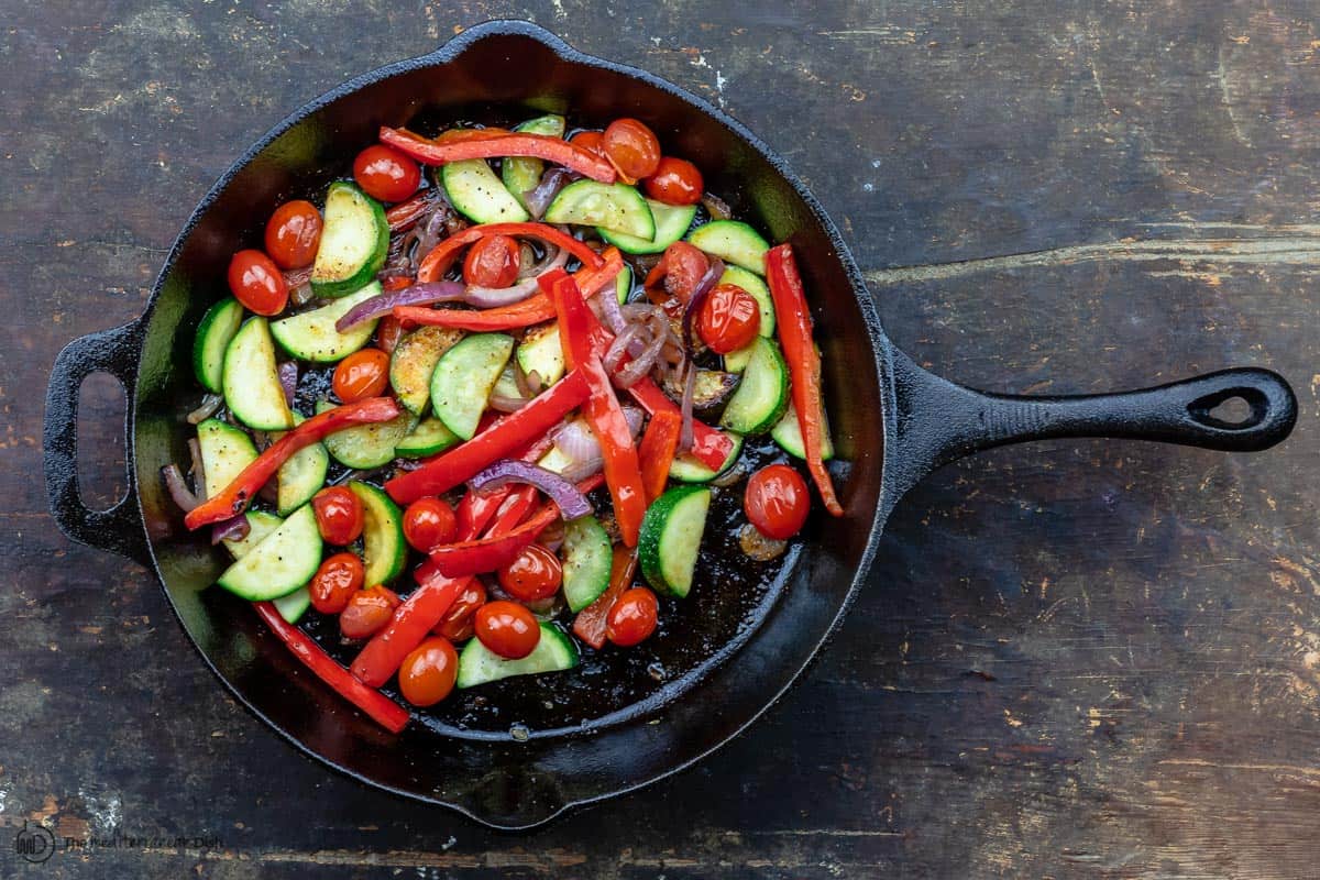 cooked vegetables in the skillet