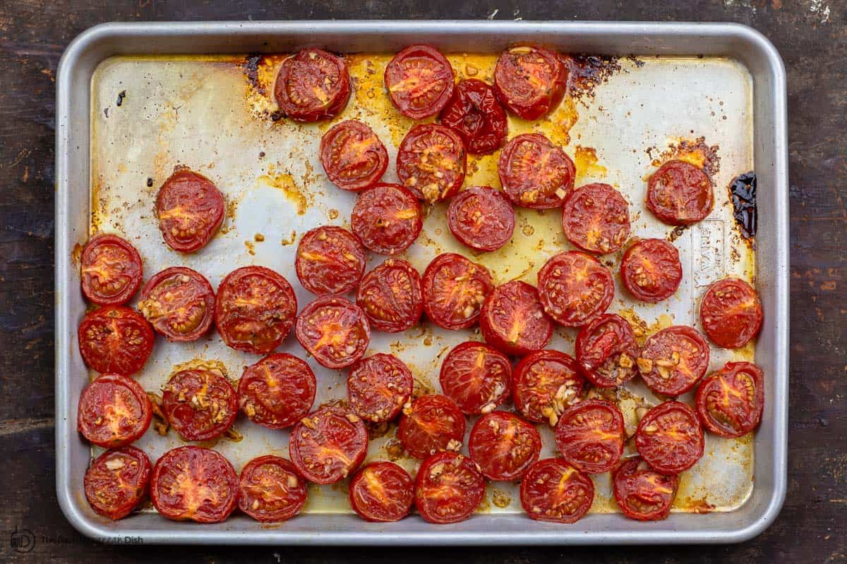Roasted tomatoes on sheet pan