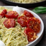 pin 3 for basil pesto pasta with tomatoes and mozzarella