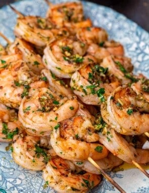 Shrimp kabobs on platter