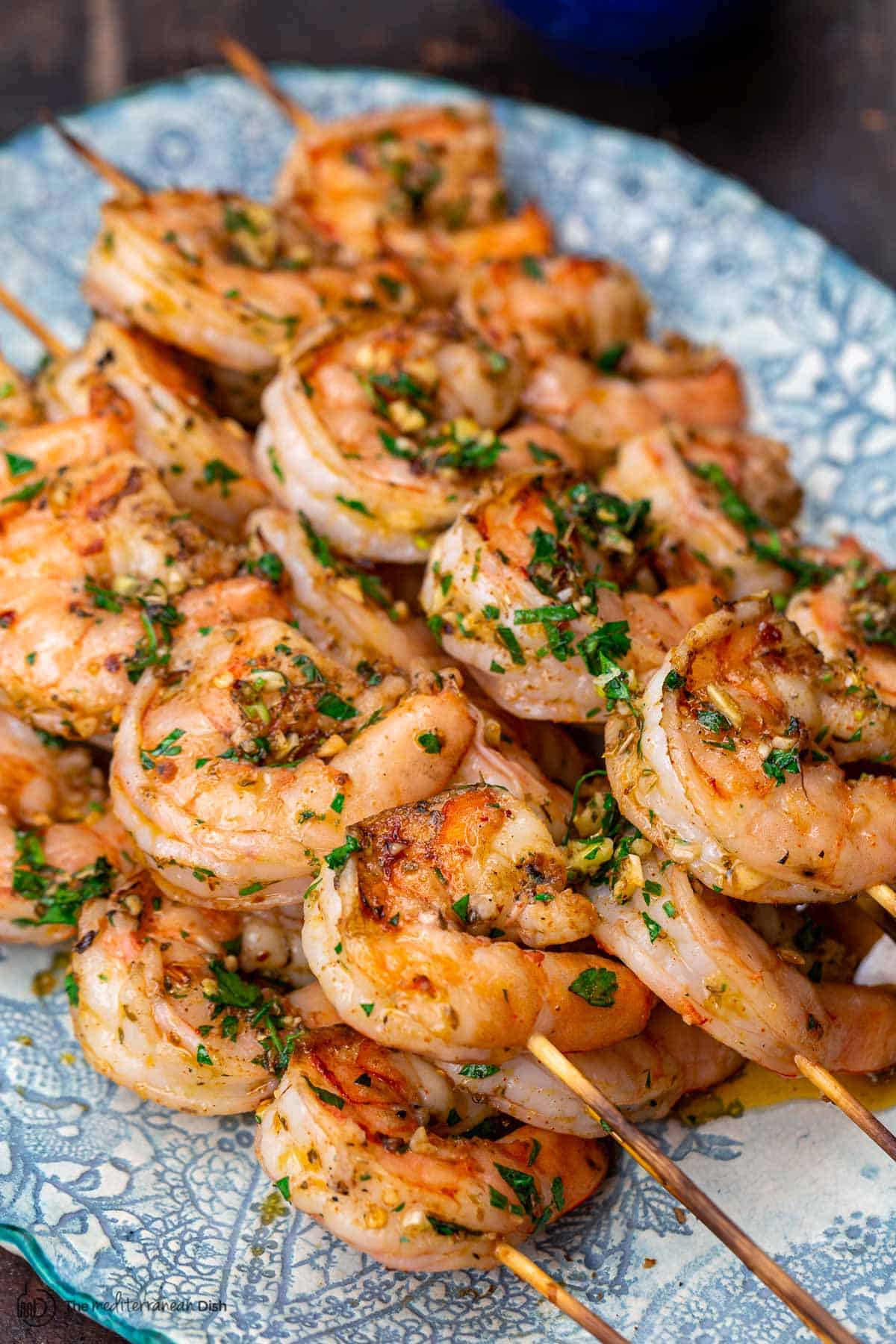Shrimp kabobs on platter