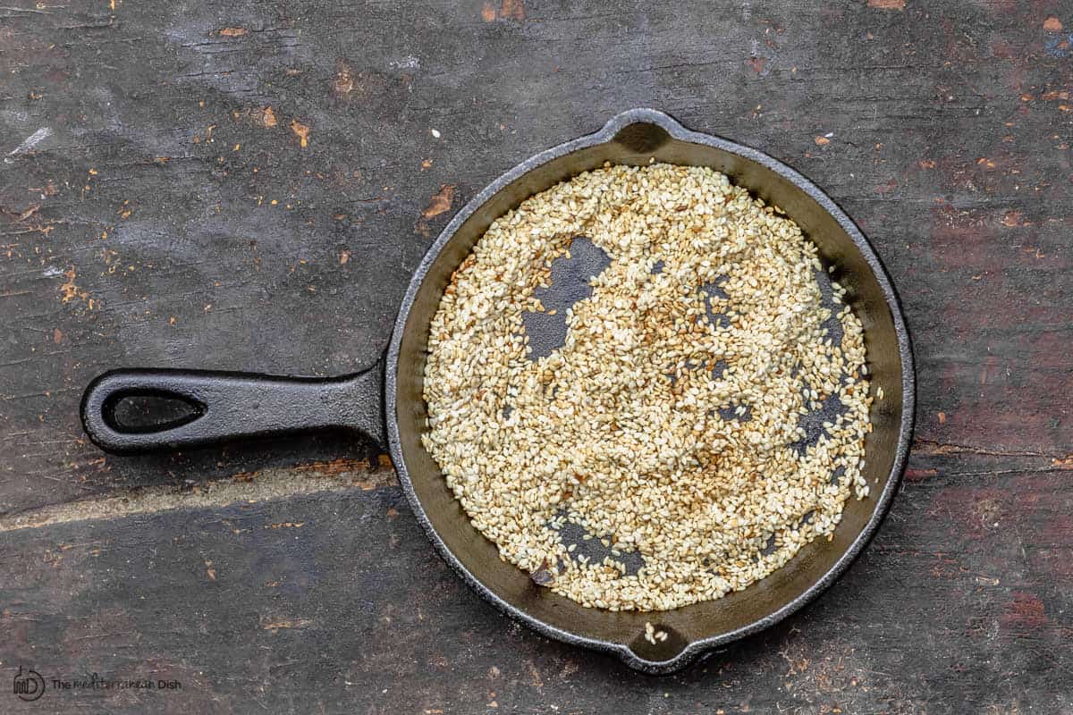 toasted sesame seeds in a pan