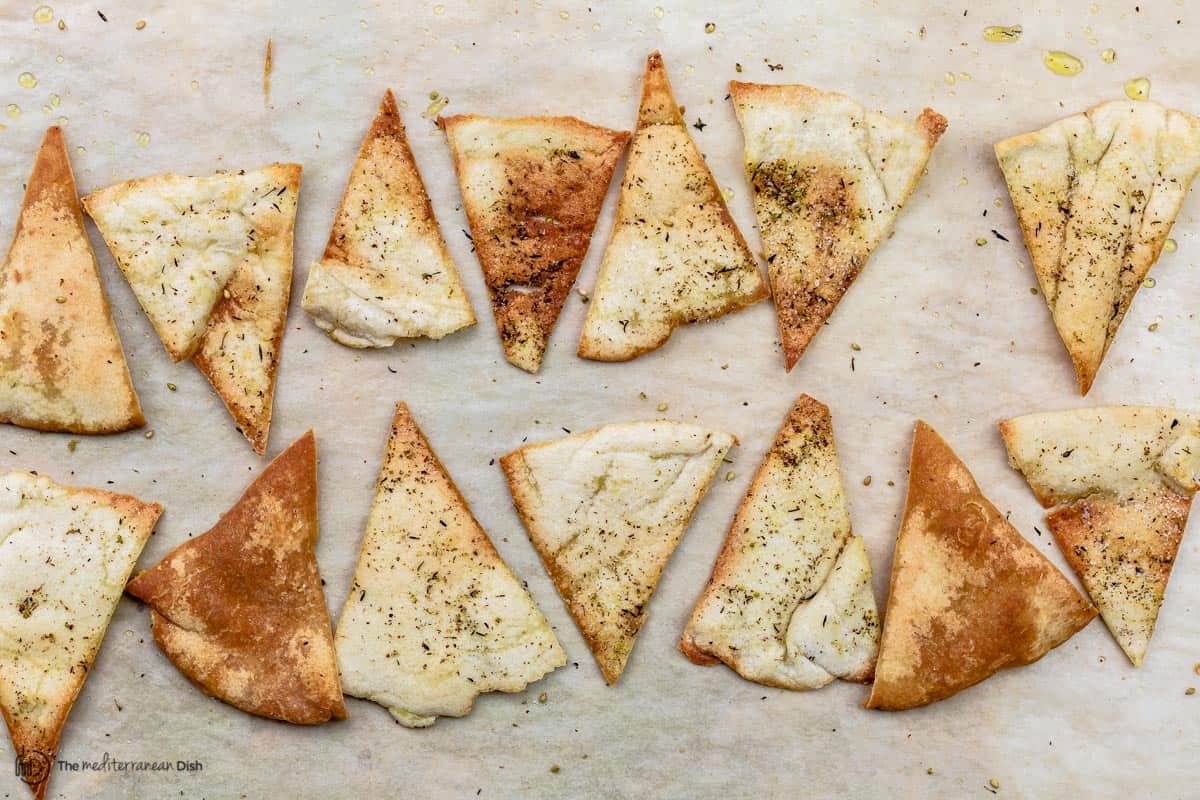 baked pita chips on sheet pan