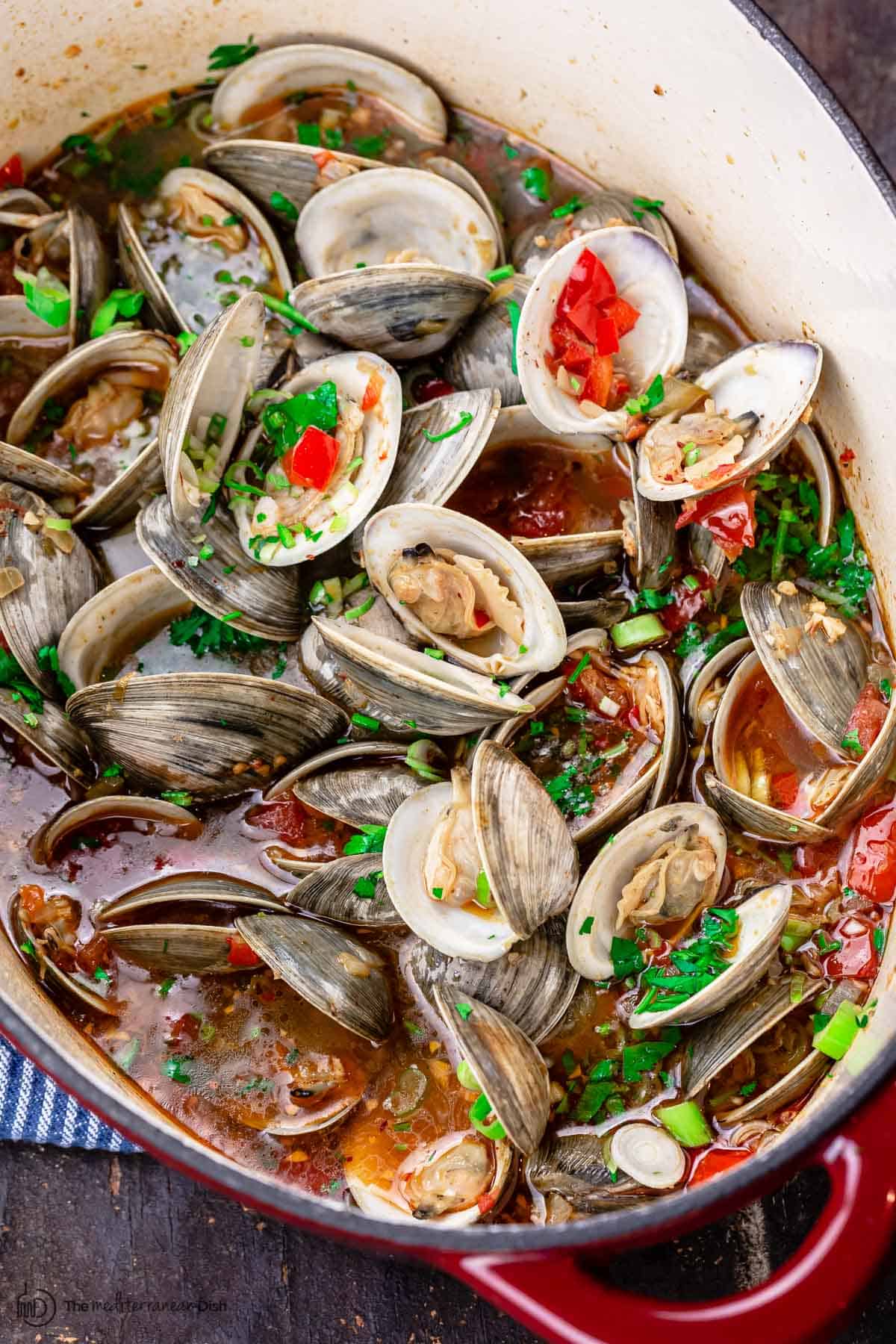 Mediterranean steamed clams in a large pot