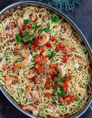 Shrimp pasta in a pan