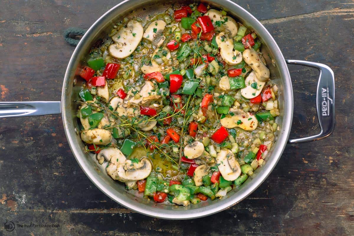 vegetables and mushrooms cooked in the pan