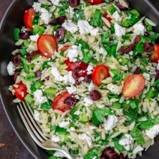 Mediterranean orzo salad in a large bowl