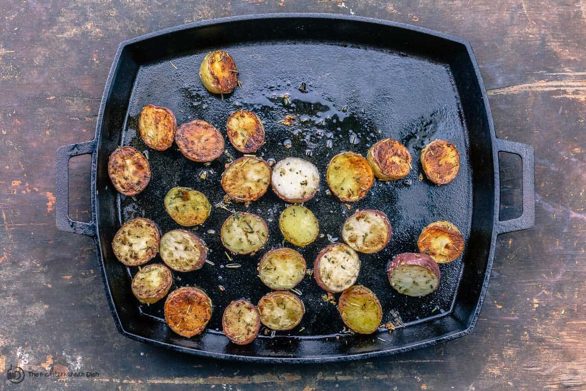 Roasted potatoes in pan