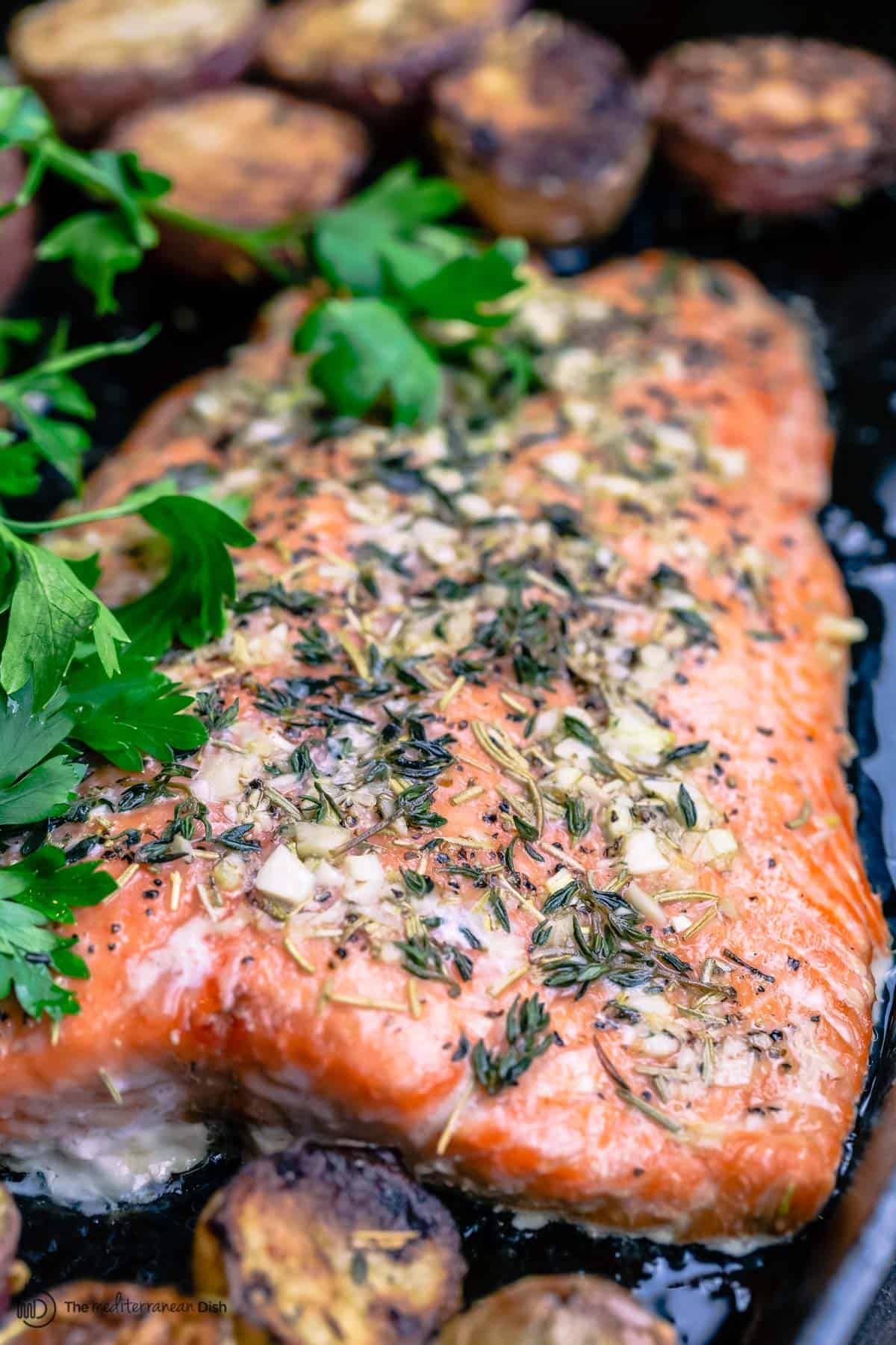 roasted salmon garnished with parsley