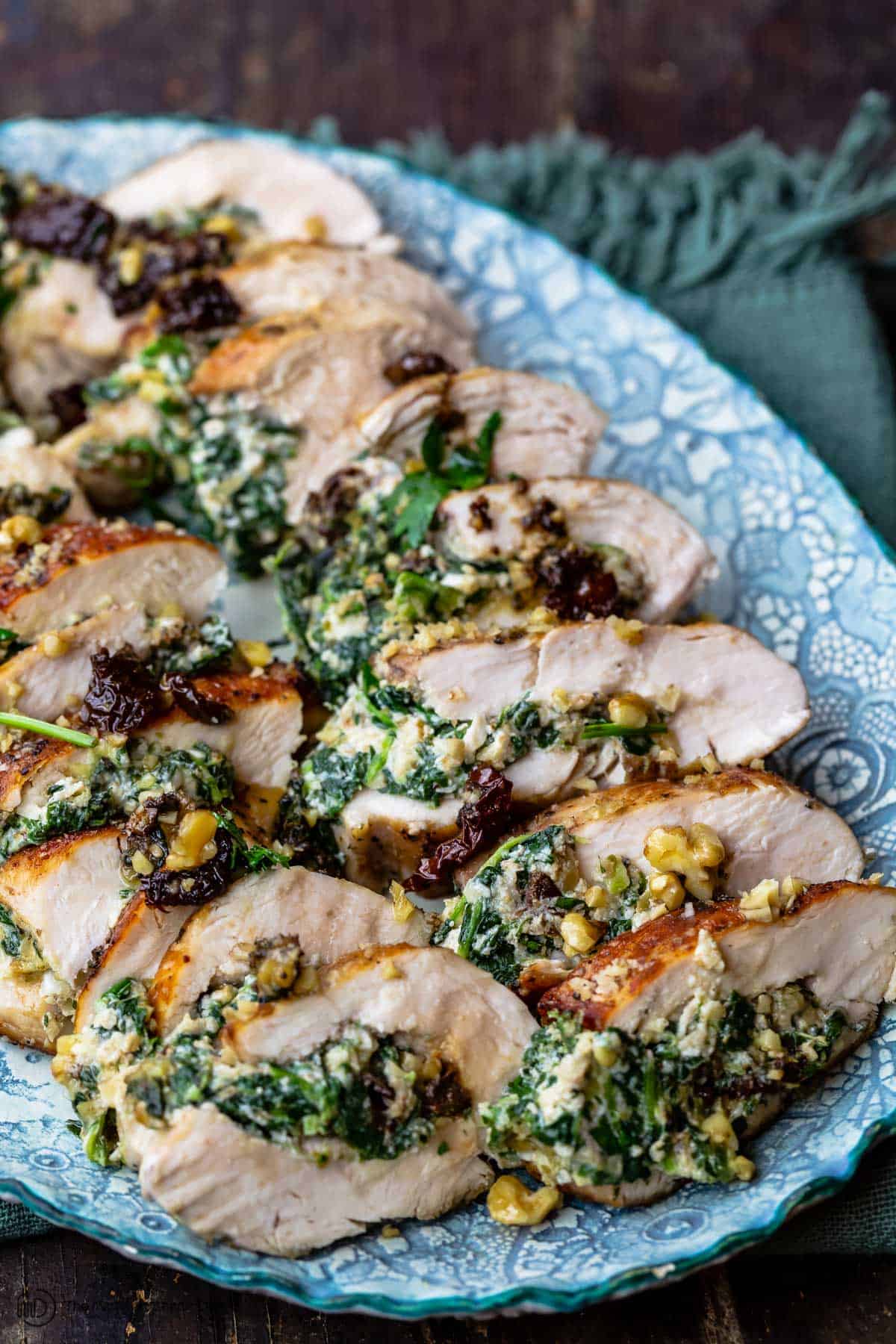 sliced chicken breasts with the spinach filling 