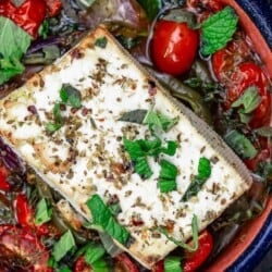 Baked feta with tomatoes, peppers and herbs