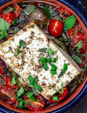 Baked feta with tomatoes, peppers and herbs