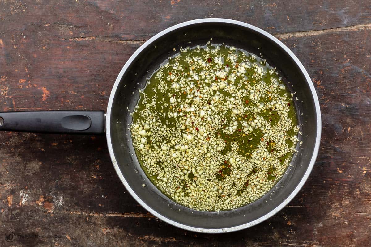 warmed olive oil with garlic and red pepper flakes