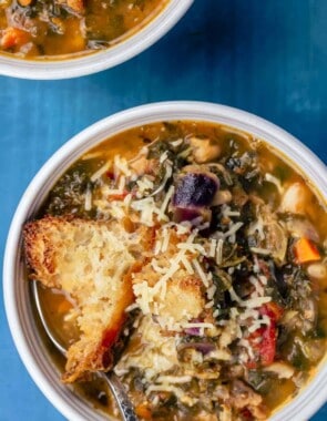 Ribollita served with a garnish of Paremsan