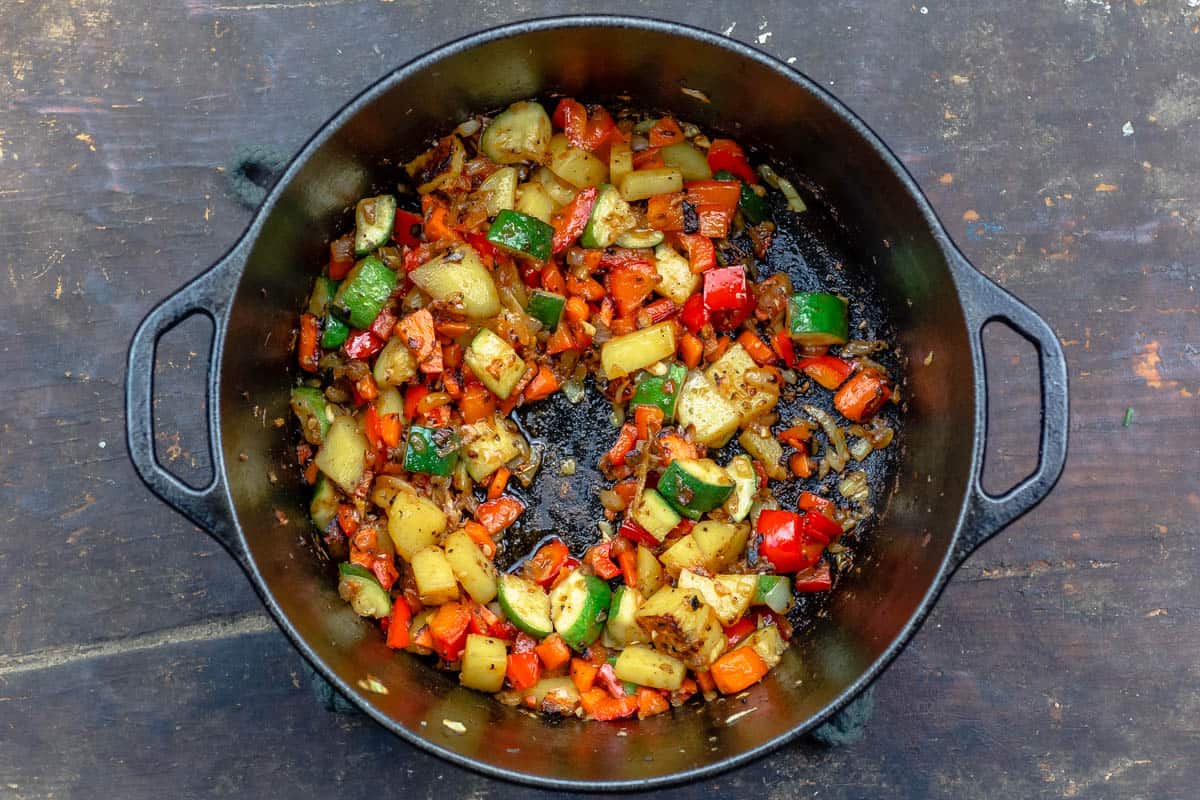 sauteed veggies in the pot