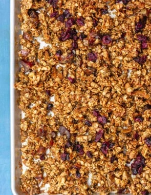 homemade granola with olive oil, tahini, nuts and dried fruit