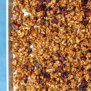 homemade granola with olive oil, tahini, nuts and dried fruit