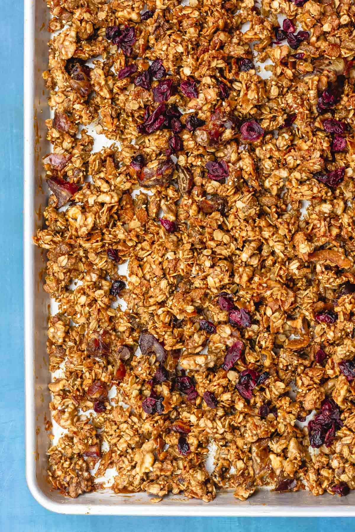homemade granola with olive oil, tahini, nuts and dried fruit