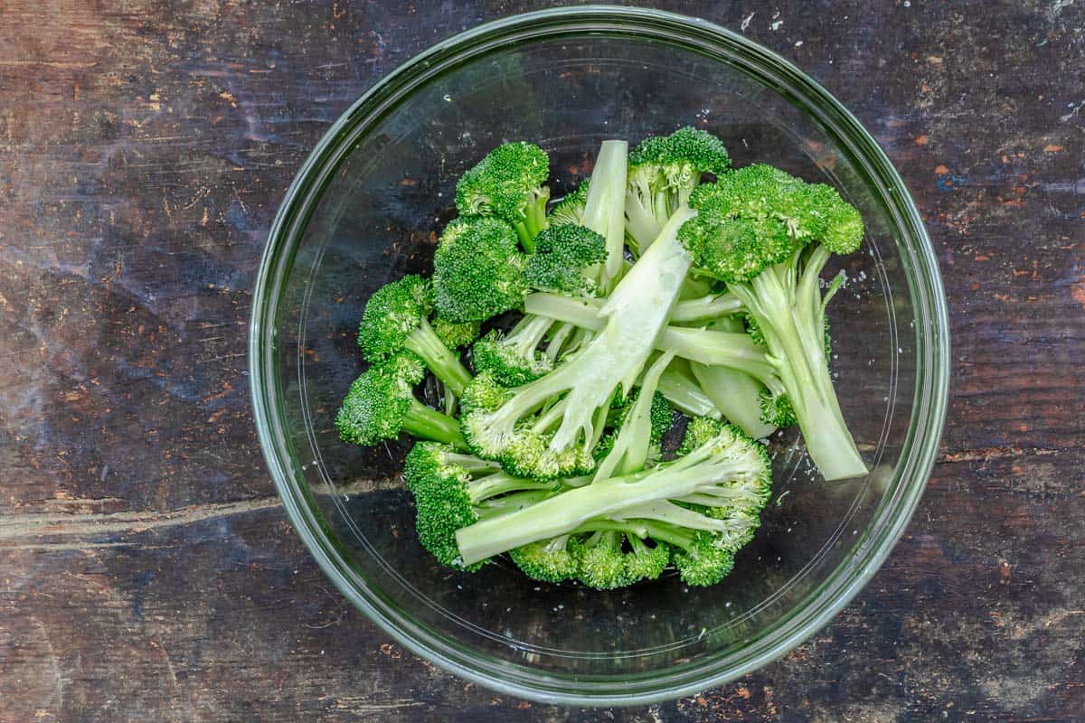cut up broccoli florets in a bowl