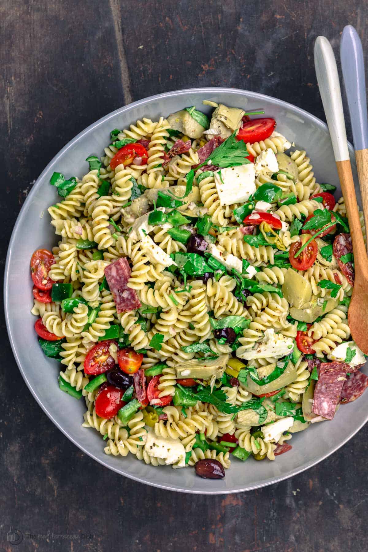 Italian pasta salad in a serving bowl 