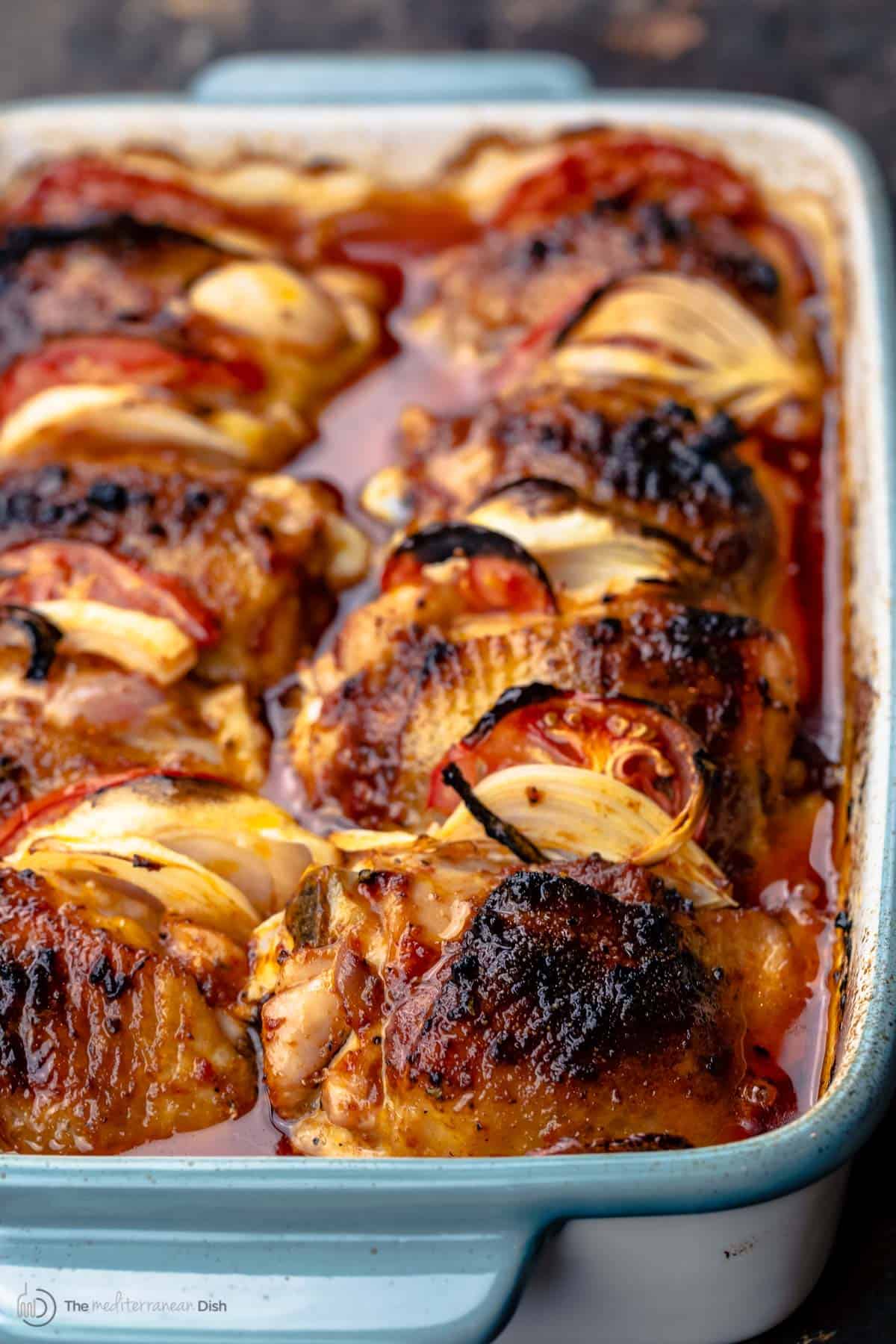 Chicken thighs baked in a baking dish