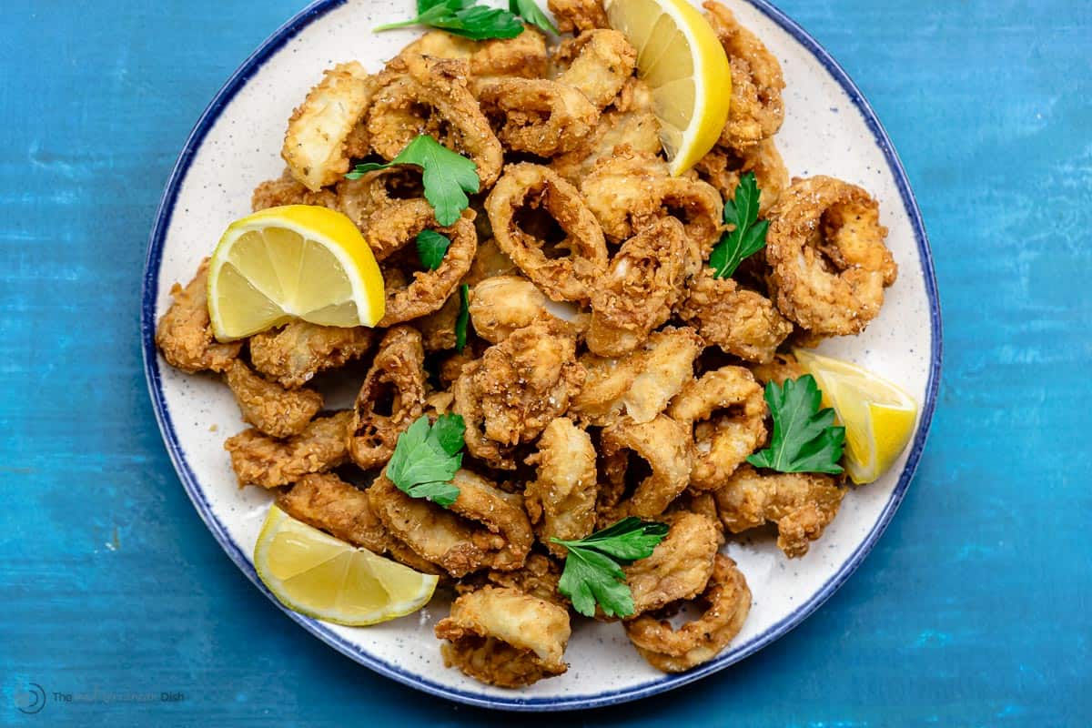 Top down picture of calamari on a plate