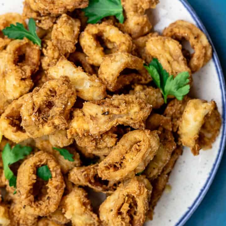 Fried calamari served on a plate atop a blue table