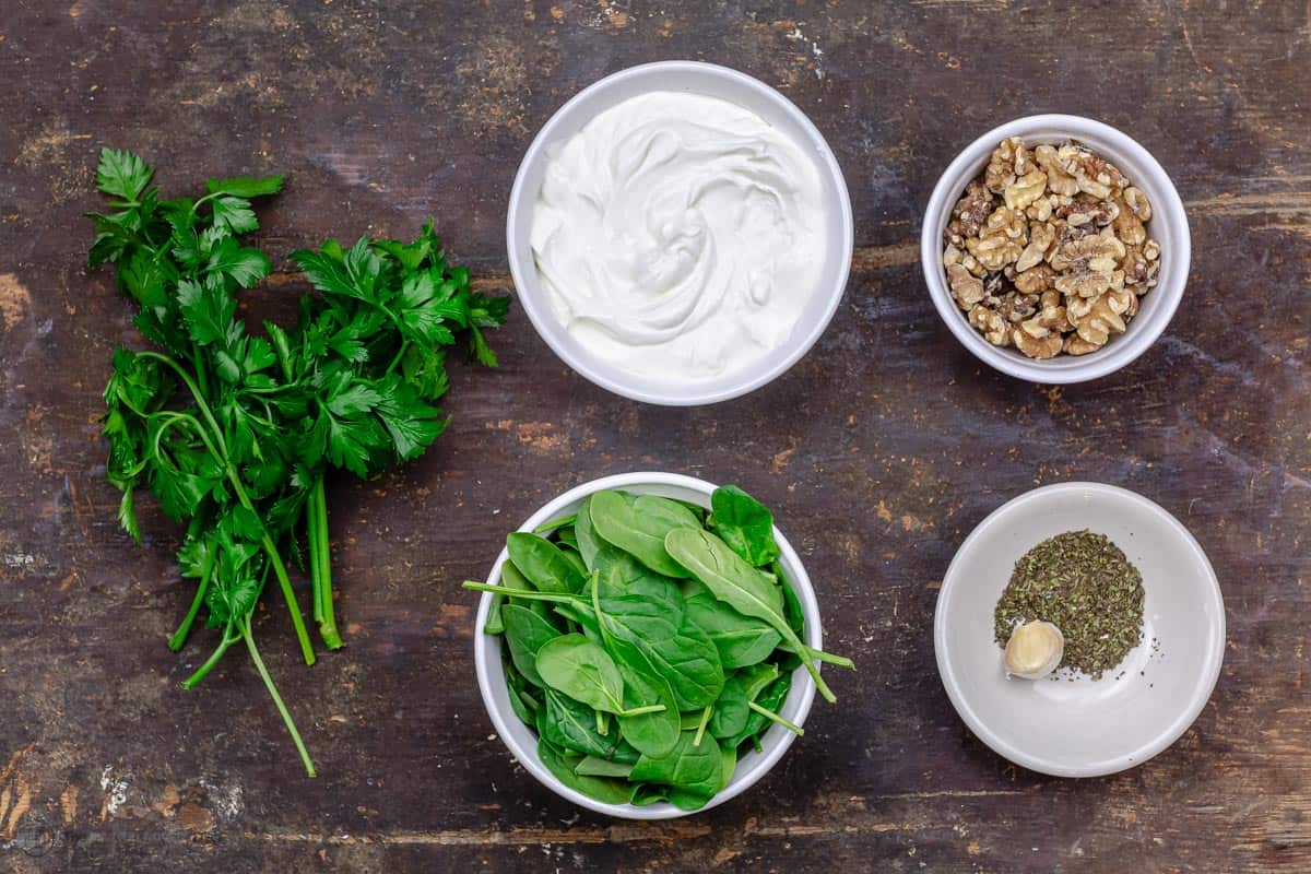 ingredients for Greek yogurt spinach dip in separate bowls