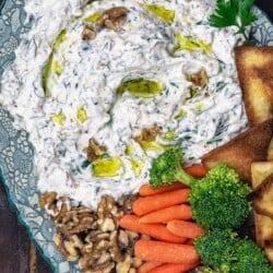 spinach Greek yogurt dip served with vegetables and pita chips
