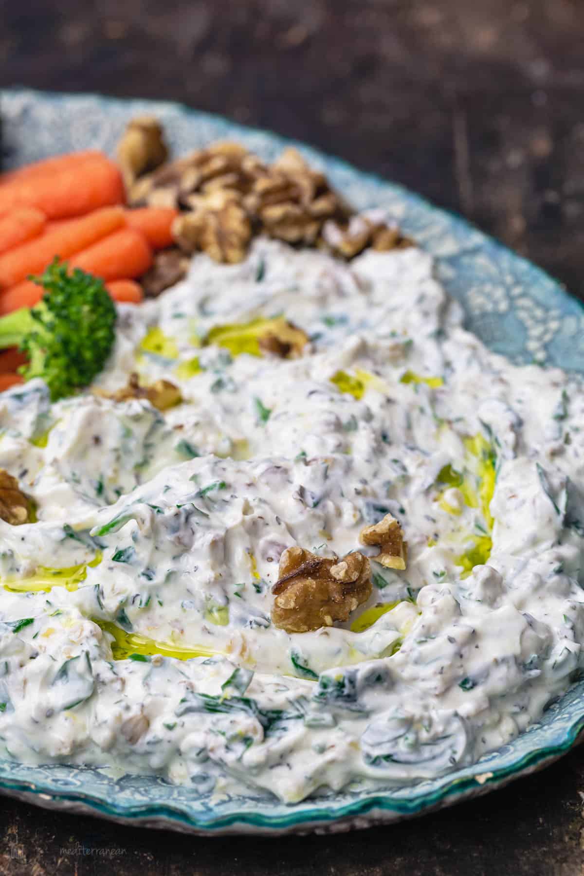 Greek yogurt dip with spinach and walnuts