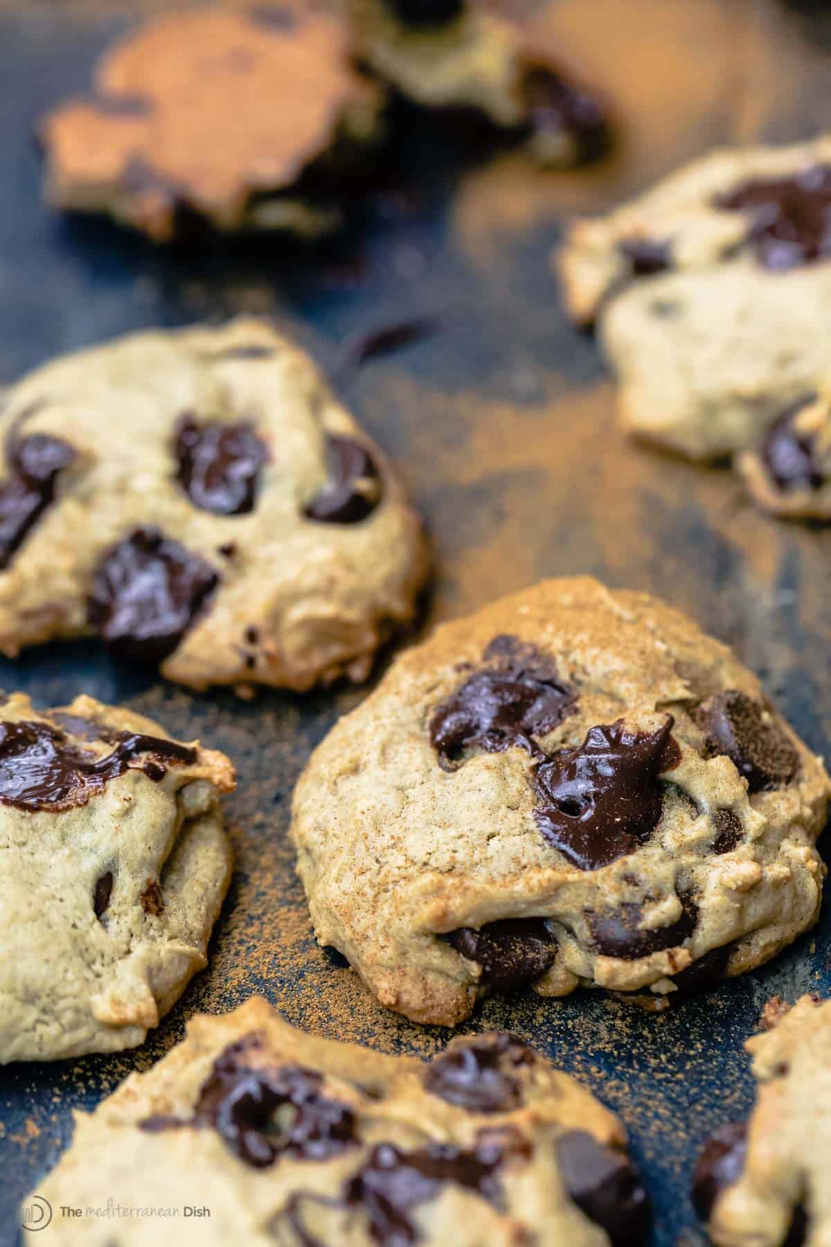 Tahini chocolate chip cookies dusted with cinnamon