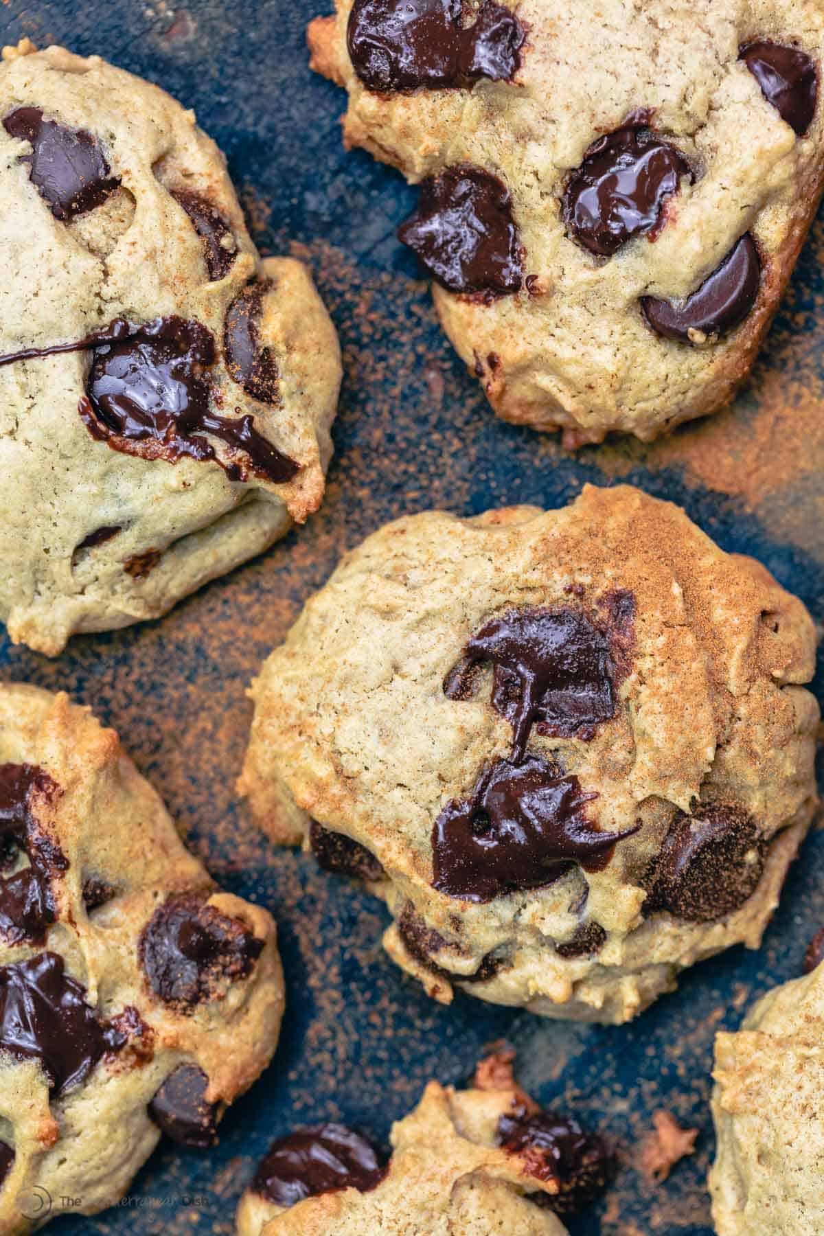 Tahini cookies with melted chocolate chips 