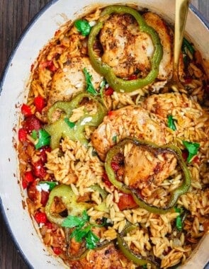 Chicken orzo dinner in large oval pot