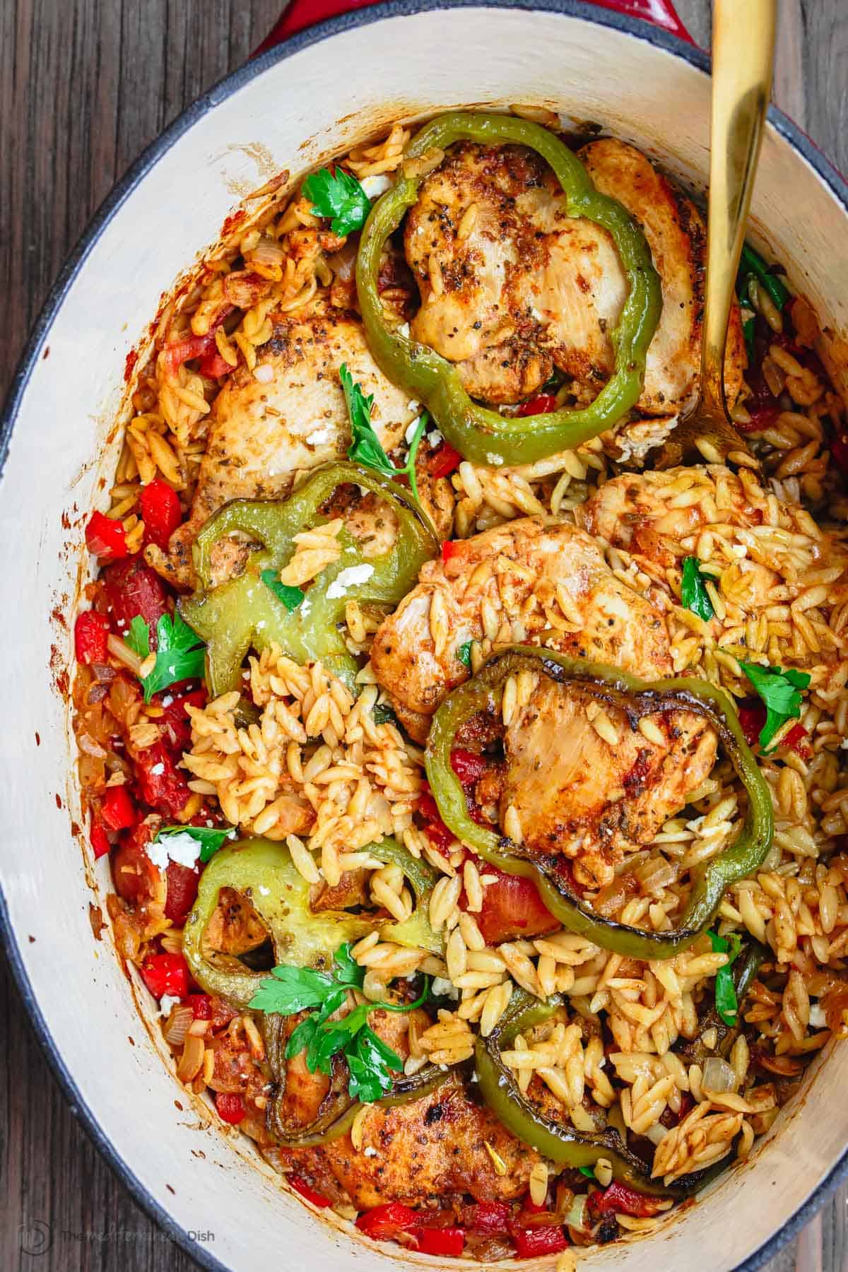 Chicken orzo dinner in large oval pot