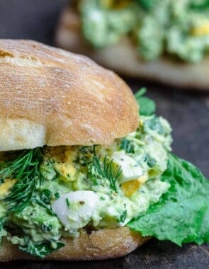 No mayo avocado egg salad sandwiches with lettuce and dill