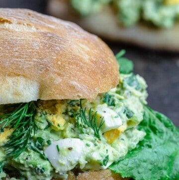 No mayo avocado egg salad sandwiches with lettuce and dill