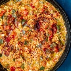 Top down picture of Turkish menemen in skillet