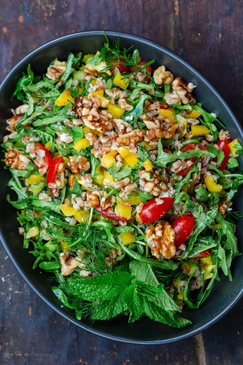 Loaded Mediterranean Farro Salad with Arugula and feta The