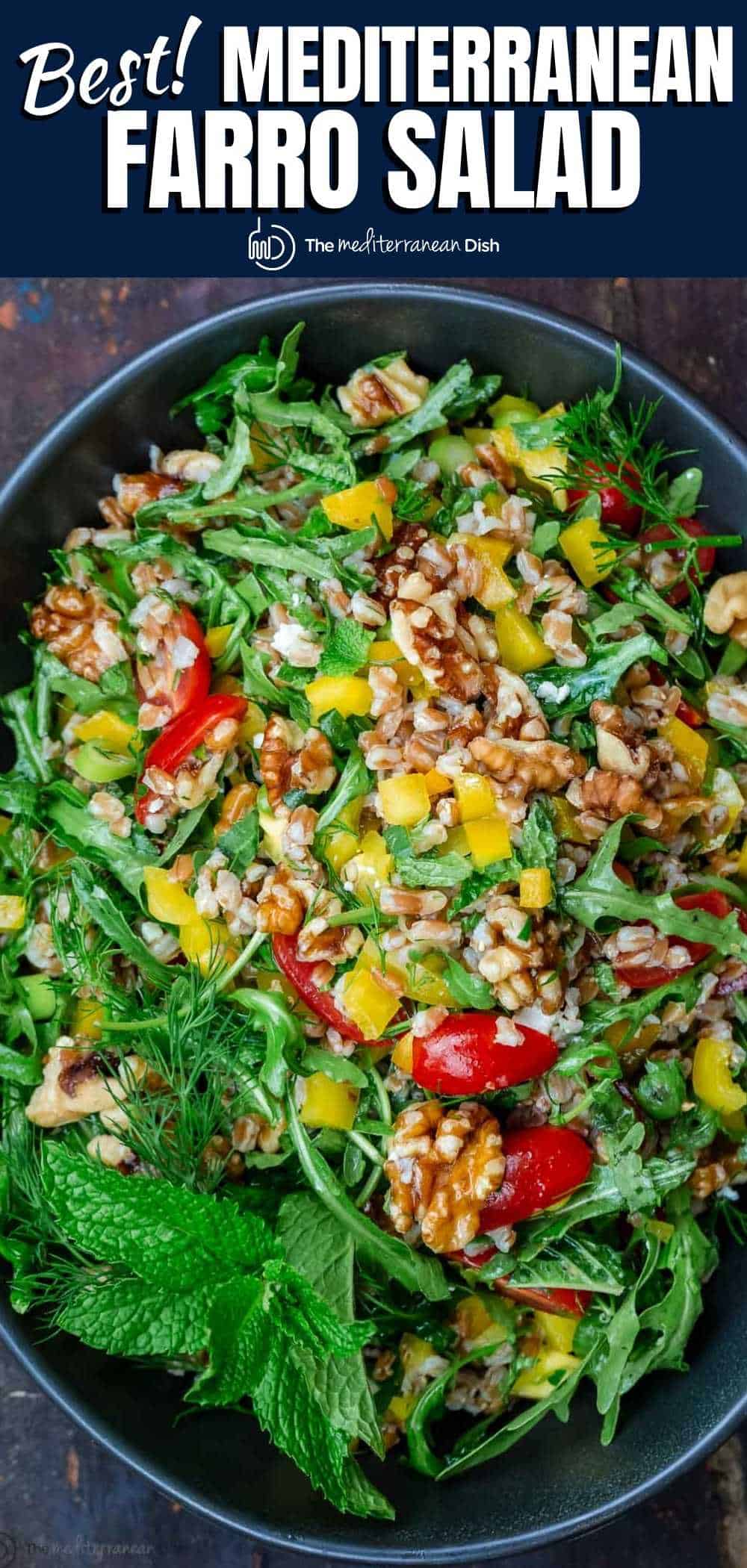 Loaded Mediterranean Farro Salad with Arugula and feta The