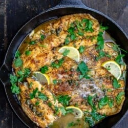 Pan-seared trout topped with a lemon piccata sauce in a cast iron skillet