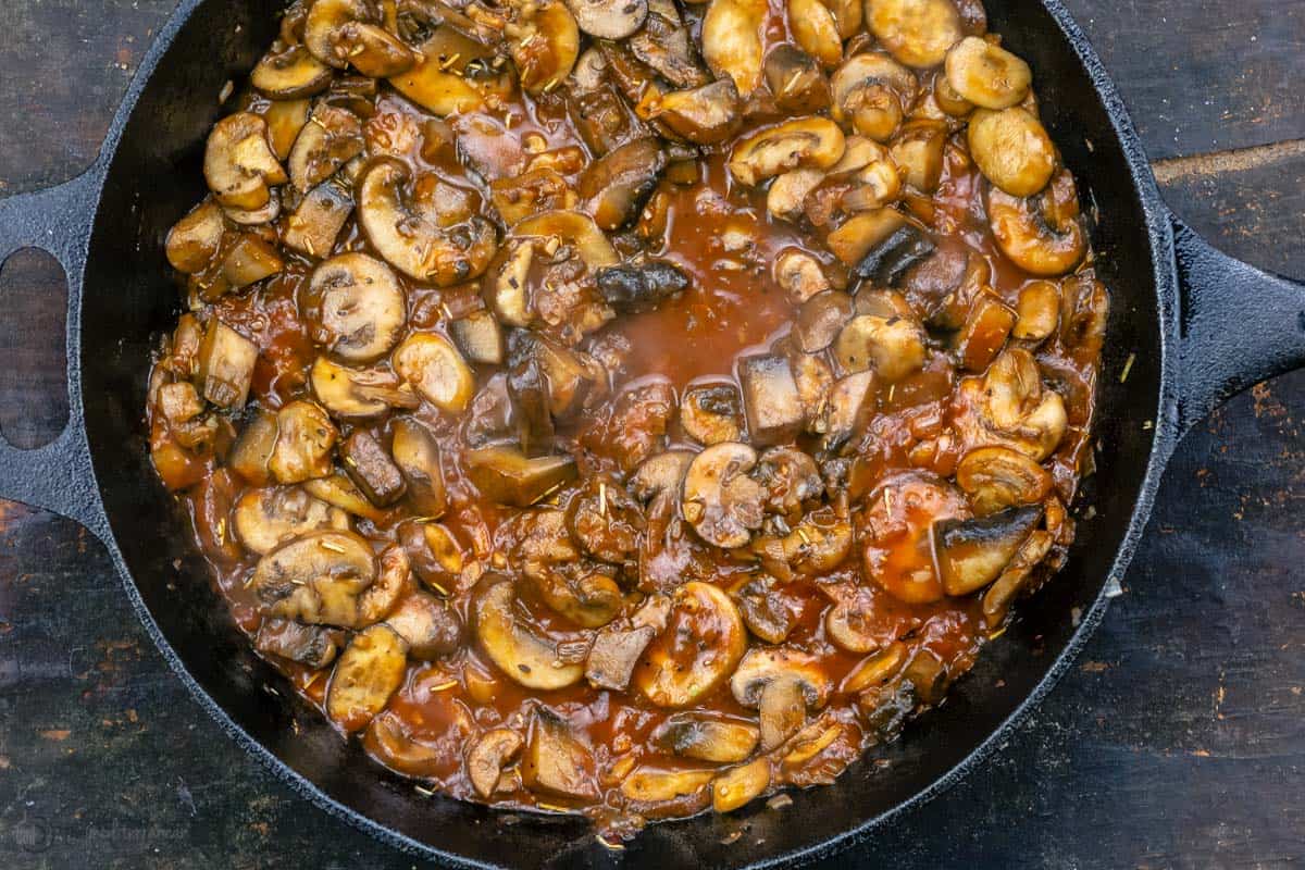 Mushrooms cooked in cast iron skillet